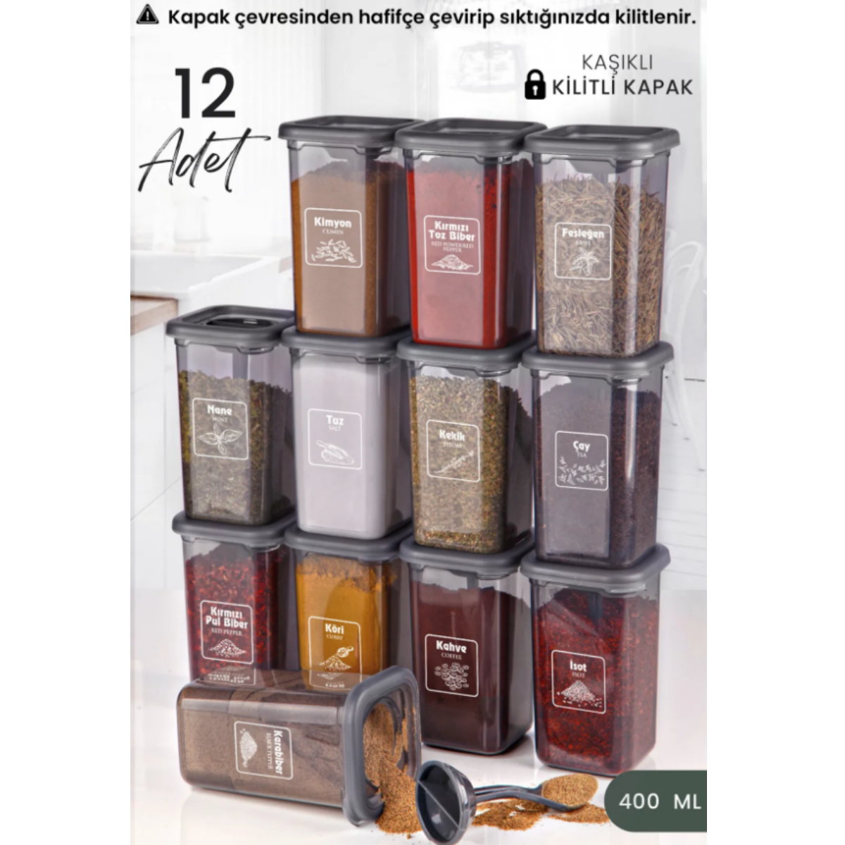 Kitchen Life 12'li Etiketli ve Kilitlenebilir Kapaklı Kendinden Kaşıklı Baharatlık Seti
